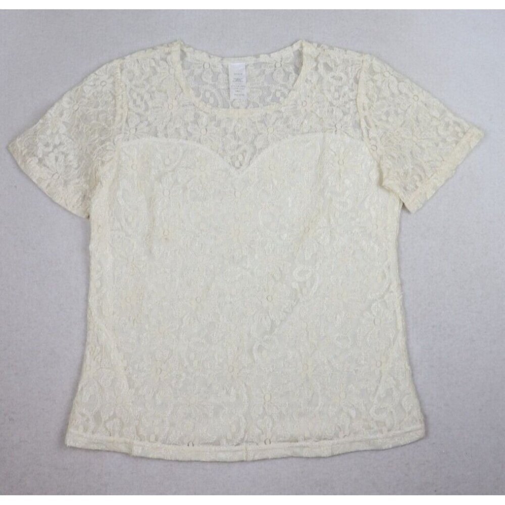 VINTAGE WOMEN'S IVORY CREAM SHEER LACE SHORT SLEEVE TOP T-SHIRT - SIZE S